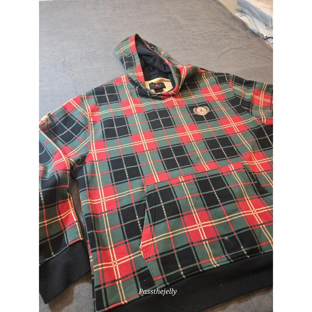 NIKE Jordan Essentials Fleece Pullover Hoodie Men XL Green Red Plaid '85 Jumpman